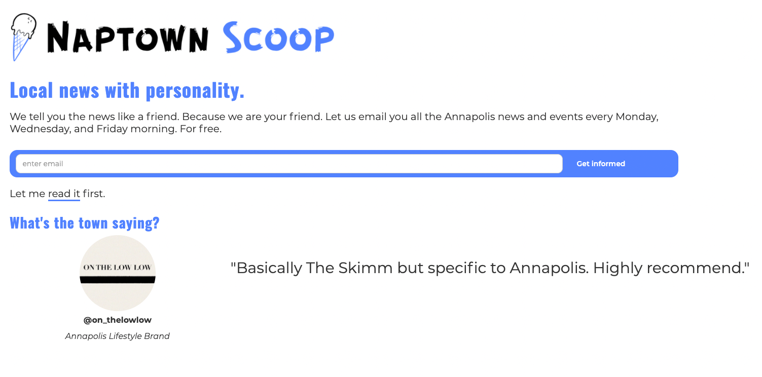 homepage of naptown scoop's local newsletter