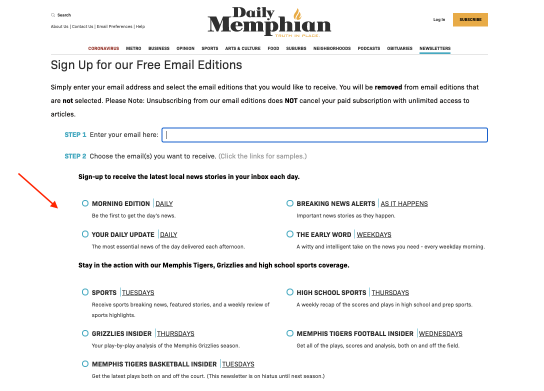 subscription page for daily memphian newsletter