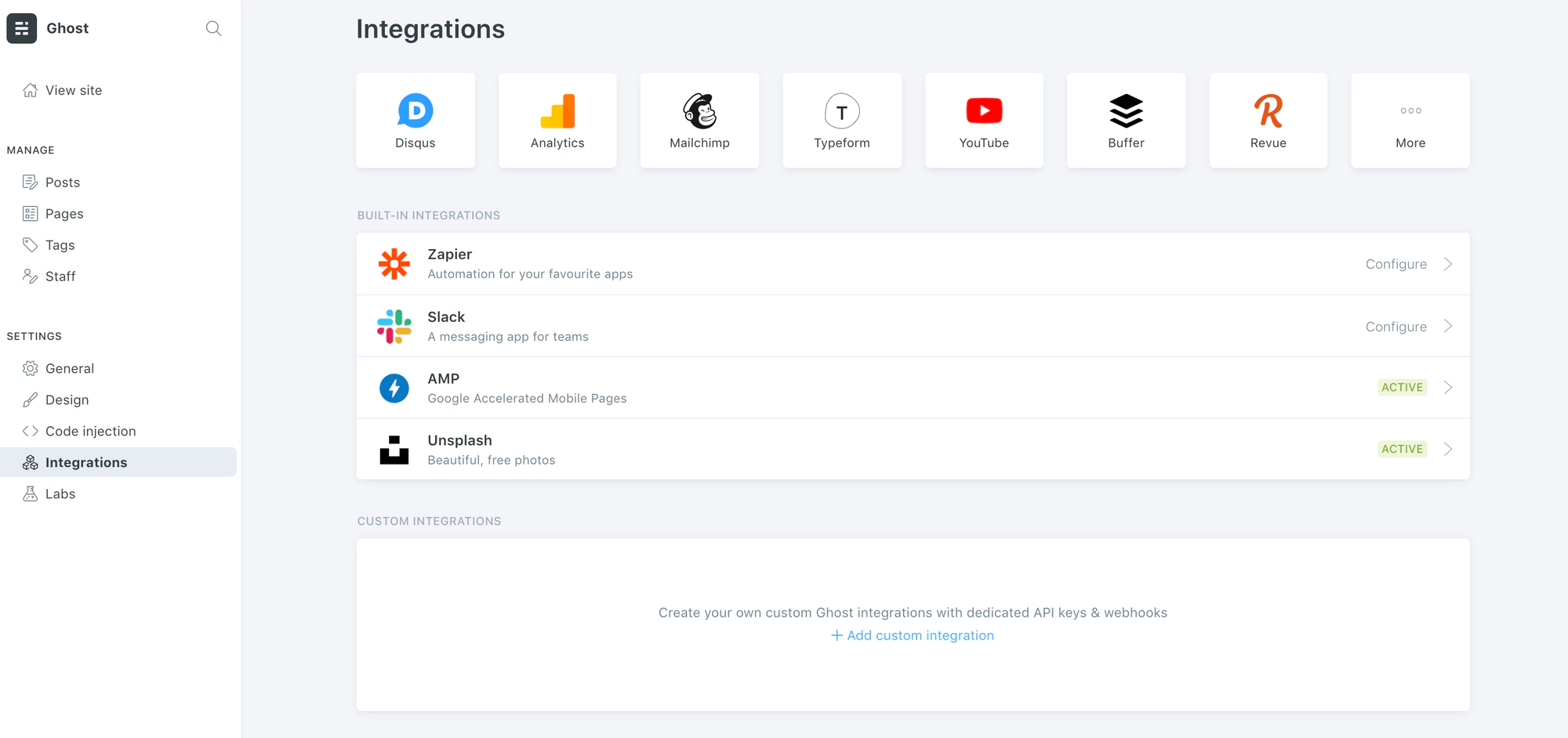 Integrations view in Ghost admin